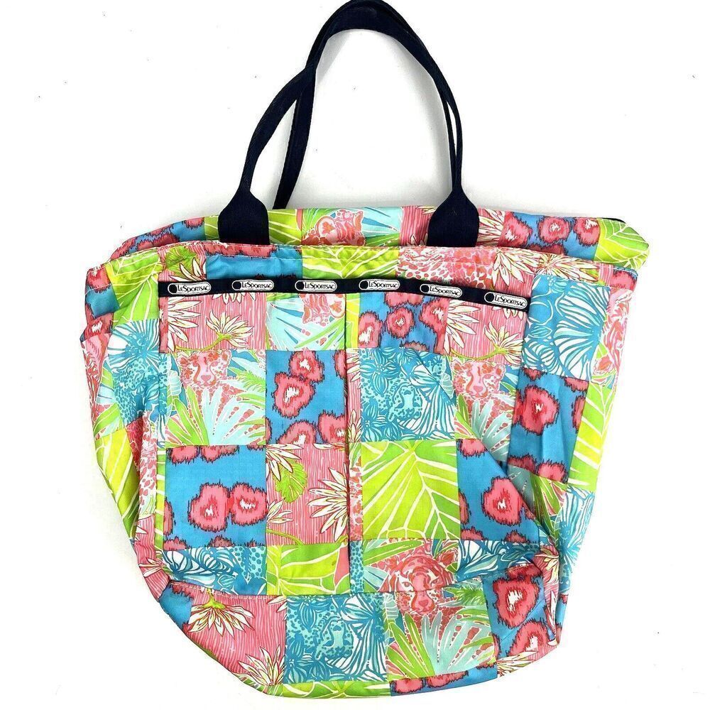 LeSportsSac Lilly Pulitzer Tote Bag Blue Pink Puurrr-fect Patch Handles Zip Top